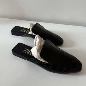 ZARA Black Croc Embossed Leather Mule Loafers Square Toe Slides Size 37